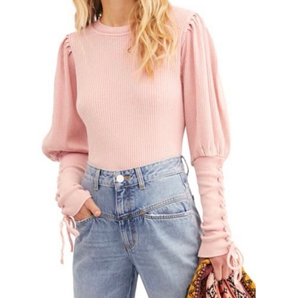 Free People FP One Tasha Thermal Waffle Knit Top Puff Shoulder Lace Up Wrist M